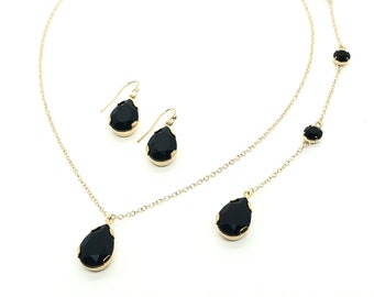 Black and Gold Jewelry Set | Backdrop Necklace and Earrings | Gold Chain | Black Swarovski Teardrop Necklace | Pear Shaped Pendant | Celina