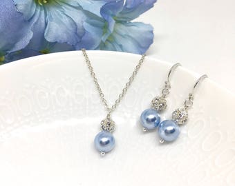 Light Blue Pearl Bridesmaid Jewelry | Swarovski Pearl | Blue Wedding | Pendant Necklace Earring Set | Flower Girl | Bridesmaid Gift | Hannah