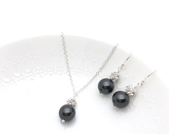 Large Black Pearl Pendant | Black Necklace Earring | 10mm Swarovski Pearl | Jewelry Set Bridesmaid Gift | Wedding | Prom | Sparkly | Hannah