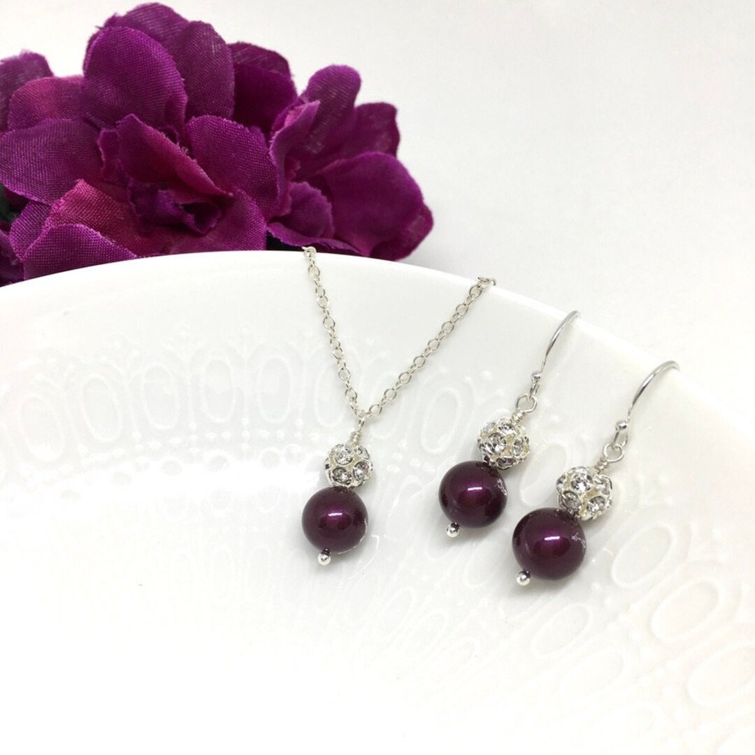 Wine Colored Jewelry Set Wine Bridesmaid Necklace Earrings Swarovski