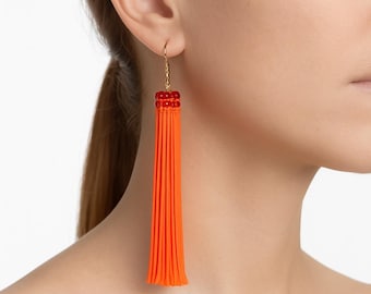 Pendientes de baile de salón con flecos naranjas y diamantes de imitación europeos en jacinto / Pendientes con borlas ligeras y brillantes