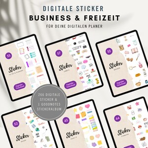 Könnte beinhalten: Ein Set mit 266 digitalen Stickern zur Verwendung in digitalen Planern. Die Sticker sind in sechs Kategorien unterteilt: To Do & Planung, Labels, Backen, Reisen, Post-It und Stimmung. Jede Kategorie wird auf einem separaten Tablet-Bildschirm mit einem bunten Hintergrund und einer Zahl angezeigt, die die Anzahl der Sticker in jeder Kategorie angibt.