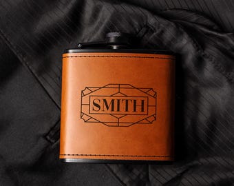 Black Leather Wrapped Flask with Personalized Design, Perfect Groomsmen Gifts, Stylish and Durable