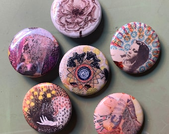 Buttons Featuring Art by Elizabeth Castaldo // 1 inch buttons // Punk Rock Buttons // Collage Buttons