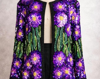Vintage Lawrence Kazar Sequin Jacket – Purple Floral Beaded Silk Blazer – Glam Statement Coat Size M
