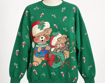 Vintage Christmas Sweatshirt, Bears Candy Cane Print, Made in USA