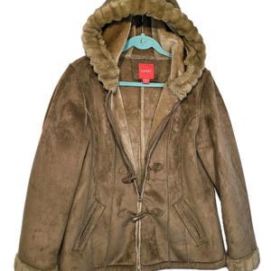 Vintage Esprit jack van imitatie schapenvacht XL met capuchon bruin ongedragen gezellig Y2K
