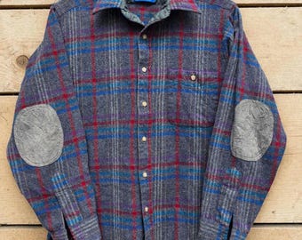 Pendleton Wool Plaid Shirt Men’s M Vintage 60s Gray Blue Red Virgin Wool Button Down Round Cut Hem Patch Pocket