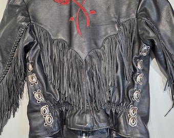 Vintage Style Fringe Leather Jacket Suede Inlay Roses Western Biker Moto Statement Coat
