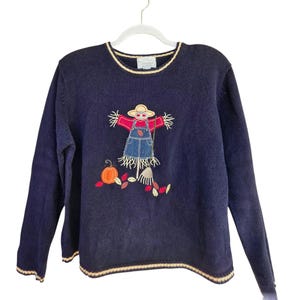 Vintage 90s C.J. Banks Brand Navy Blue Hand Embroidered Scarecrow Festive Autumn Chic Pullover Sweater M