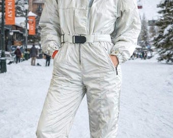 Vintage 80s Belfe Après Ski Snowsuit | Satin Shimmer Belted One-Piece | Retro Winter Ski Suit