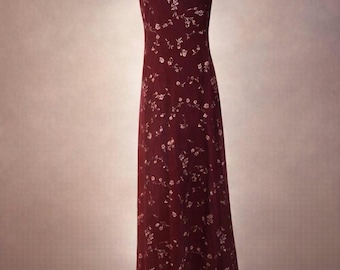 Burgundy Sheer Floral Maxi Dress • Romantic Goth Slip Dress • Wine Red Mesh Overlay • 90s Inspired Long Dress Size S