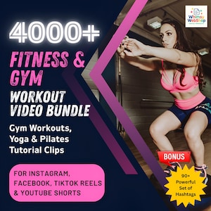 Puede incluir: Un paquete de productos digitales que incluye más de 4.000 vídeos de entrenamiento de fitness y gimnasio. El paquete incluye entrenamientos de gimnasio, tutoriales de yoga y pilates. La imagen muestra a una mujer haciendo ejercicio en un disco de equilibrio. El texto de la imagen dice "4000+ Fitness & Gym Workout Video Bundle" y "Bonus 90+ Powerful Set of Hashtags".