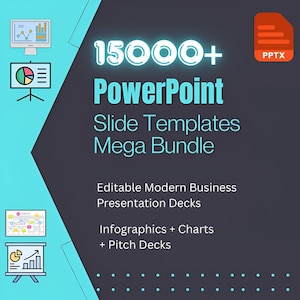Puede incluir: Un gráfico con fondo azul y texto negro. El texto dice "15000+ Plantillas de diapositivas de PowerPoint Mega Bundle". Debajo del texto hay una lista de características: "Presentaciones de negocios modernas editables", "Infografías + Gráficos" y "+ Pitch Decks".