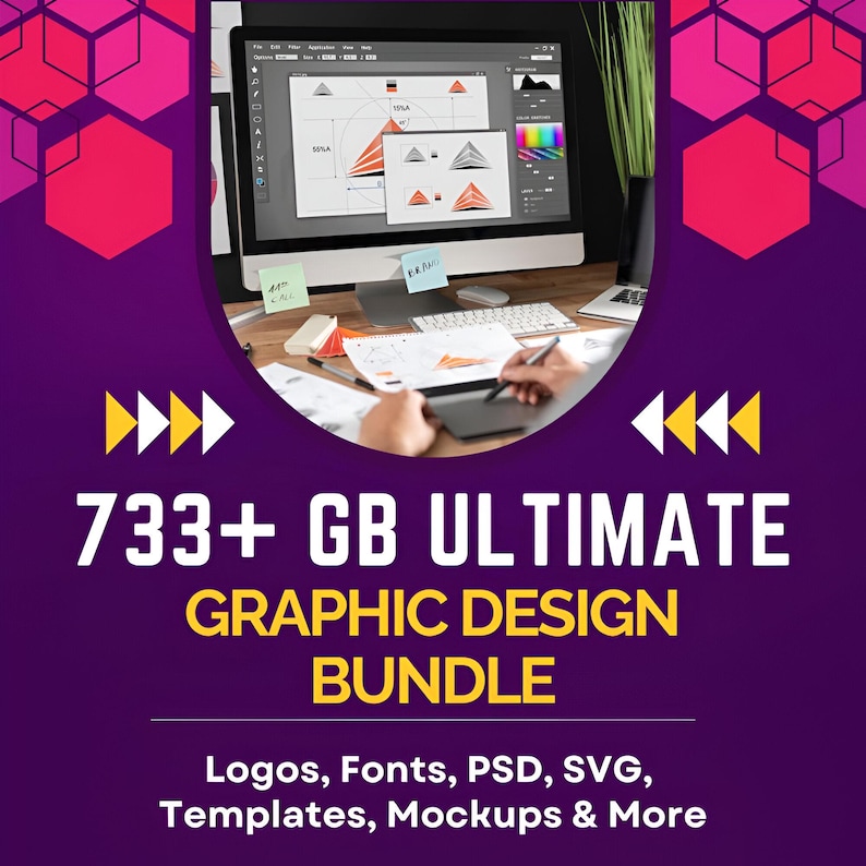 733+ GB grafisk design megapaket: logotyper, typsnitt, PSD, SVG, mallar, mockups (digital nedladdning) bild 1