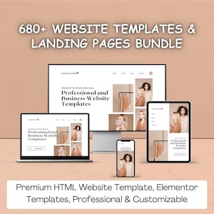 Puede incluir: Una maqueta de una plantilla de sitio web que se muestra en una computadora de escritorio, una computadora portátil, una tableta y un teléfono inteligente. La plantilla de sitio web es para un sitio web profesional y comercial. El texto en el sitio web dice "Plantillas de sitio web profesionales y comerciales".