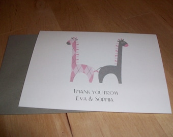 Personalized Baby Giraffes Folded Twin Girls Thank You Cards - Set of 20