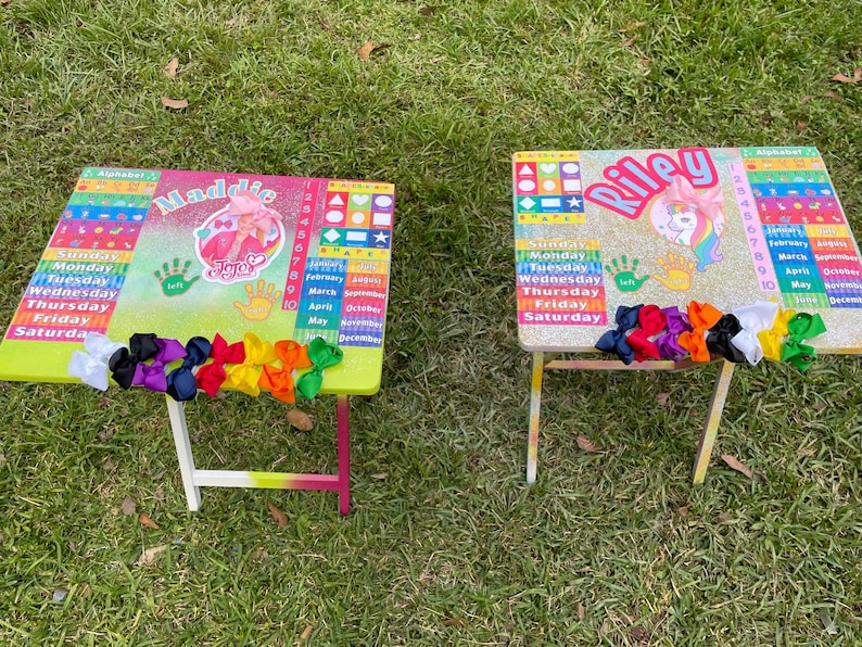Customized, for any grade level learning table.Includes But Not LIMITED…
(traceable) name w/ dri erase marker Character Numbers ABC’s Shapes
 Days of the week Months of the year Left to Right hand interaction Color hair bow interaction characters