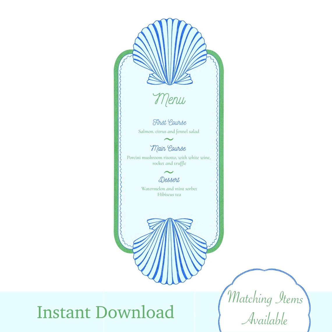 Blue Shell Table Card Template, Editable Wedding Table Menu, Instant ...