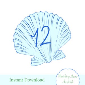 May include: A light blue seashell illustration with the number 12 in blue. The words "Instant Download" are at the bottom, with "Matching Items Available" in a cloud-shaped design.