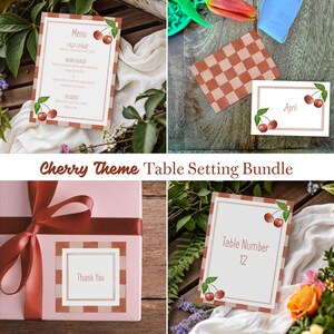 Pode incluir: Um conjunto de decoração de mesa com tema de cerejas, composto por cartões impressos com borda xadrez marrom e branca e ilustrações de cerejas. O conjunto inclui um menu, uma página de calendário de abril, uma etiqueta de agradecimento e um cartão de número de mesa 12.