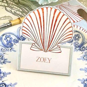 Tarjetas de mesa con conchas náuticas editables / Descarga digital personalizada / Decoración de mesa con temática oceánica / Imprimible para fiestas en la playa y bodas