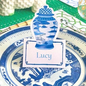 Plantilla editable para tarjeta de lugar en tarro de jengibre / Imprimible estilo chinoiserie para mesas y etiquetas de comida / Tarjeta de nombre para boda con temática Grandmillennial