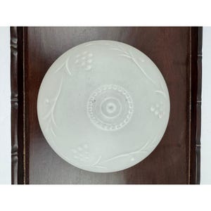May include: A circular, frosted glass light shade featuring a central embossed circular pattern surrounded by etched vine and grape motifs. The glass has a matte, translucent finish with delicate, raised details across the surface.