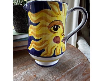 VTG Celestial Starbucks Sberna Deruta Italy Sun Face Ceramic Pitcher Cobalt Blue