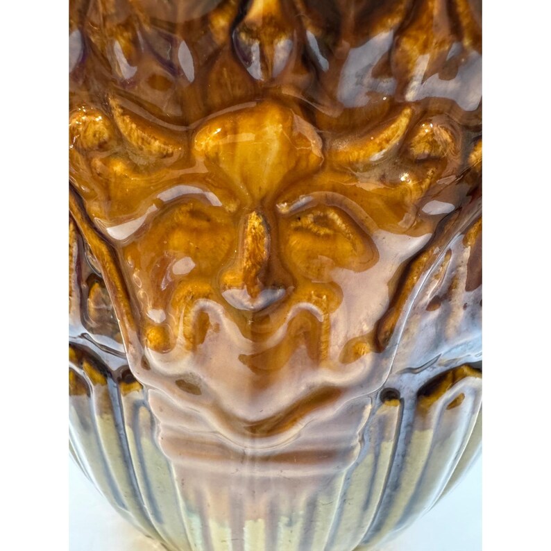 Vintage Majolica Style Mccoy Green Man Planter Ceramic Drip Glaze Brown ...