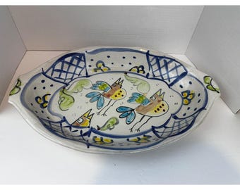 Lorna Smith Silly Birds Signed Studio Pottery Oval Serving Platter Whimsical