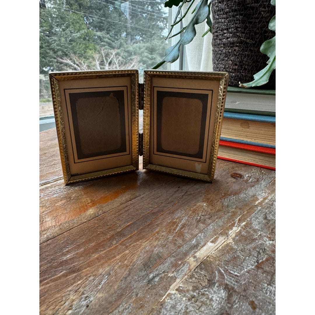 Vintage Folding Double Picture Frame Gold Tone Metal Hinged Tabletop ...
