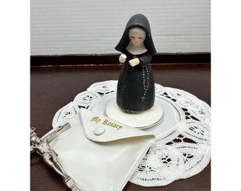Vintage Ceramic Nun Figurine Black Habit Napcoware Rosary Trinket Lid Repaired