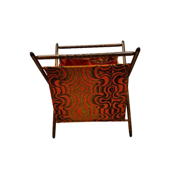 Vintage MCM Magazine Rack Folding Wood Spindle Psychedelic Orange Wavy Fabric