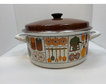 Vintage Enamelware Dutch Oven Retro 70s Kitchen Graphics Brown Lid Stockpot