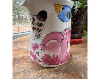 Vintage Whimsical Cat Pitcher Helena Tilk Hand Painted Ceramic Jug Serveware