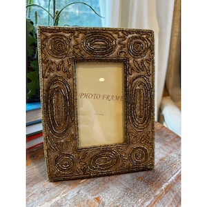 Vintage Beaded Gold Photo Frame 3x5 Ornate Fabric Tabletop Wall Decor 90's