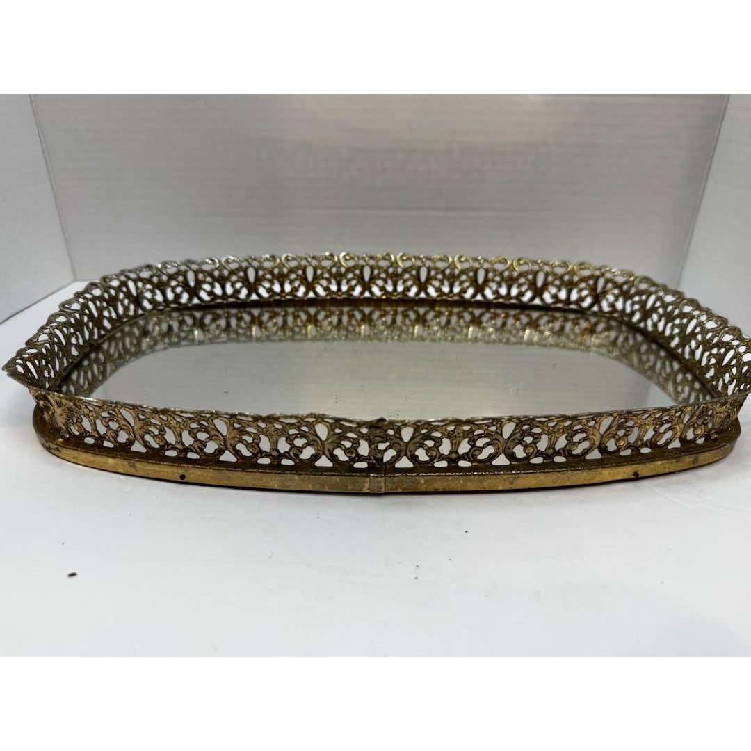 Vintage Hollywood Regency Gold Filigree Mirrored Vanity Tray Ornate Metal
