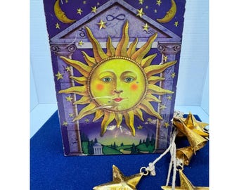 Vintage 90's Celestial Sun Moon Star Wooden Keepsake Jewelry Box Zodiac Art