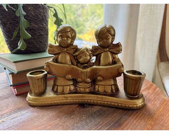 Vintage Gold Plaster Choir Boy Carolers Candle Holder Christmas Holiday
