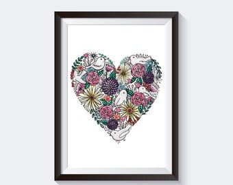 Flower Bird Heart Art Print, Wall Art, Printable, Digital Download