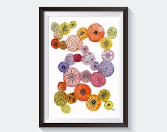 Watercolor Bubble Flowers Art Print, Wall Art, Printable, Digital Download