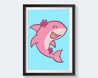 Pink Shark Art Print, Wall Art, Printable, Digital Download