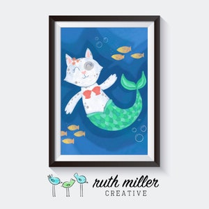 Mermaid Cat Art Print, Mercat Wall Art, Printable, Digital Download