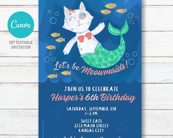 Mermaid Cat Birthday Party Invitation, Editable, Printable, Digital File, Digital Download