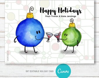 Drinking Festive Ornaments Holiday Card, Editable, Printable, Digital File, Digital Download