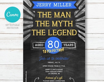 The Man The Myth The Legend Birthday Party Invitation, Editable, Printable, Digital File, Digital Download