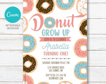 Donut Grow Up Birthday Party Invitation, Editable, Printable, Digital File, Digital Download