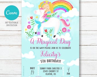 Unicorns & Mermaids Blonde Birthday Party Invitation, Editable, Printable, Digital File, Digital Download