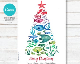 Fish Christmas Tree Card, Editable, Printable, Digital File, Digital Download